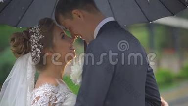 浪漫的侧面肖像，这对新婚夫妇在黑色的伞下温柔地<strong>摩擦</strong>着鼻子